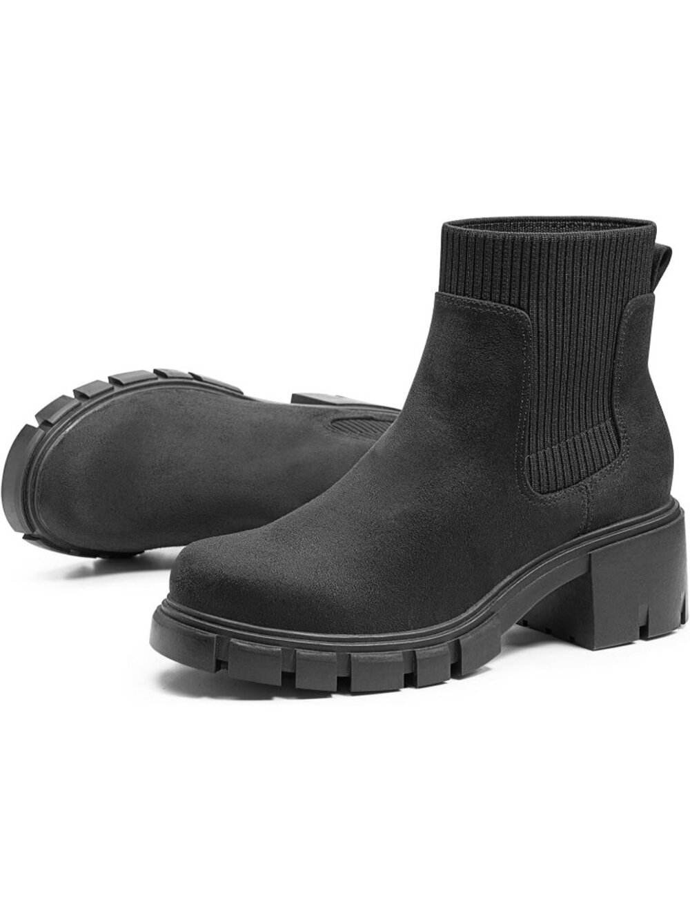 Women's  Black Suede Chelsea Ankle Chunky Heel Lug Sole Comfy Booties